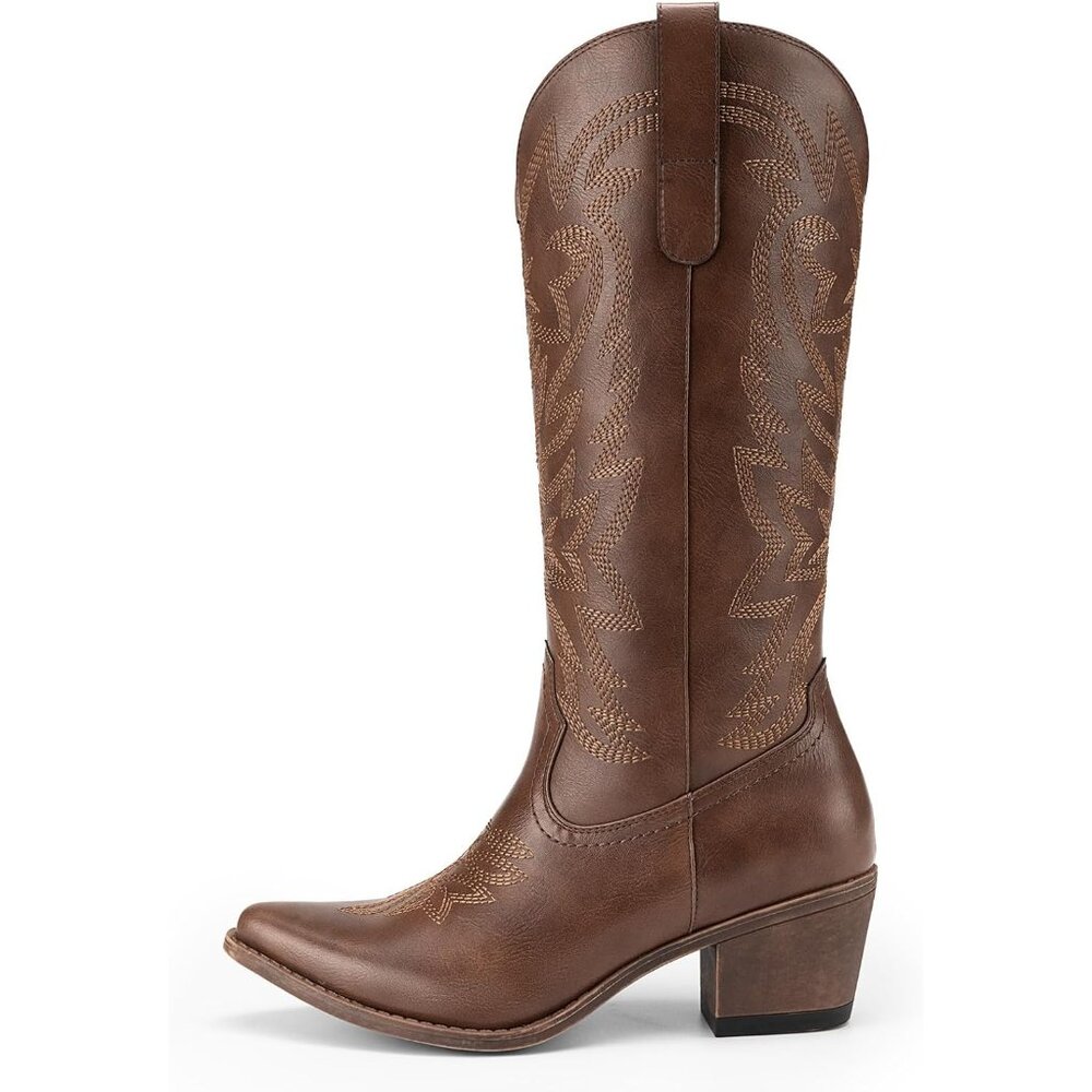 Women Brown Fashion Low Chunky Heel Snip Toe Embroidery Western Mid Calf Boots - Picture 4 of 6